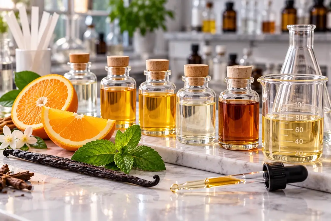Flavour samples in glass bottles on a lab bench with orange, mint and vanilla